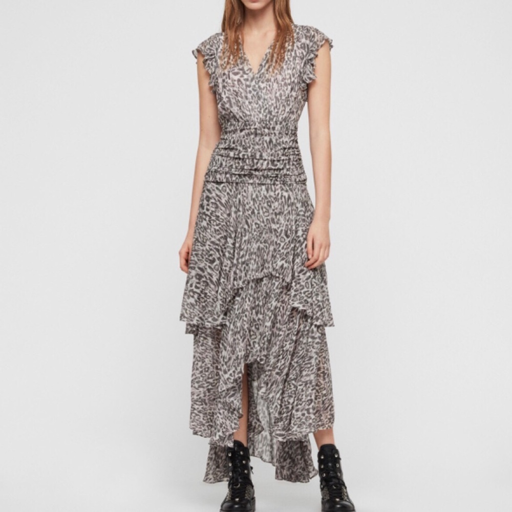All Saints Caris Kara gray leopard print midi dress